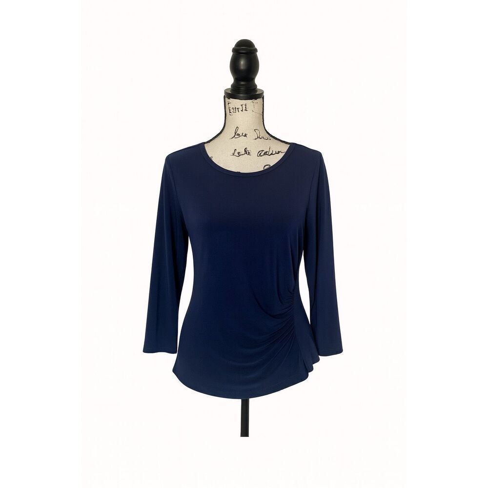 Pantology Women’s Navy Blue Silky Top Size M | Long Sleeve Side Ruched Blouse